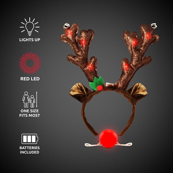 Light Up Santa Reindeer Kit - LED Antlers Headband & Red Nose