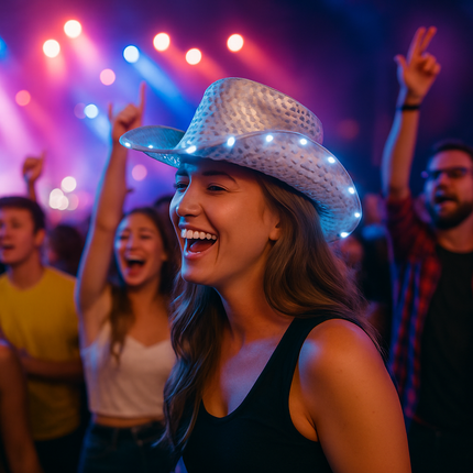 LED Light Up Flashing White Cowboy Hat With Sequins