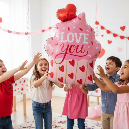 Children Playing with Love You Cupcake Balloon