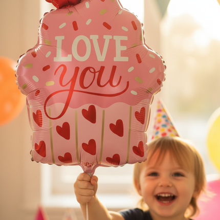 Child Holding Love You Cupcake Balloon