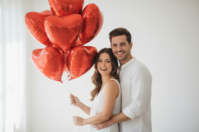 Man and woman embracing with a heart-shaped balloon indoors.