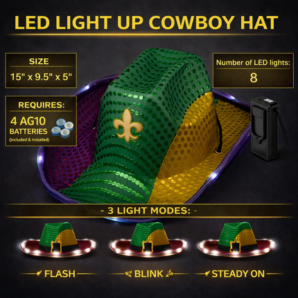 LED Light Up Mardi Gras Sequin Cowboy Hat