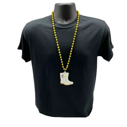 Metallic Gold Beaded Necklace with Purple, Green & Gold Fleur De Lis Boot Medallion