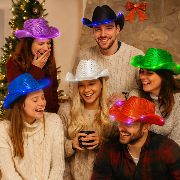 LED Light Up Flashing Sequin Cowboy Hats - Pack of 12