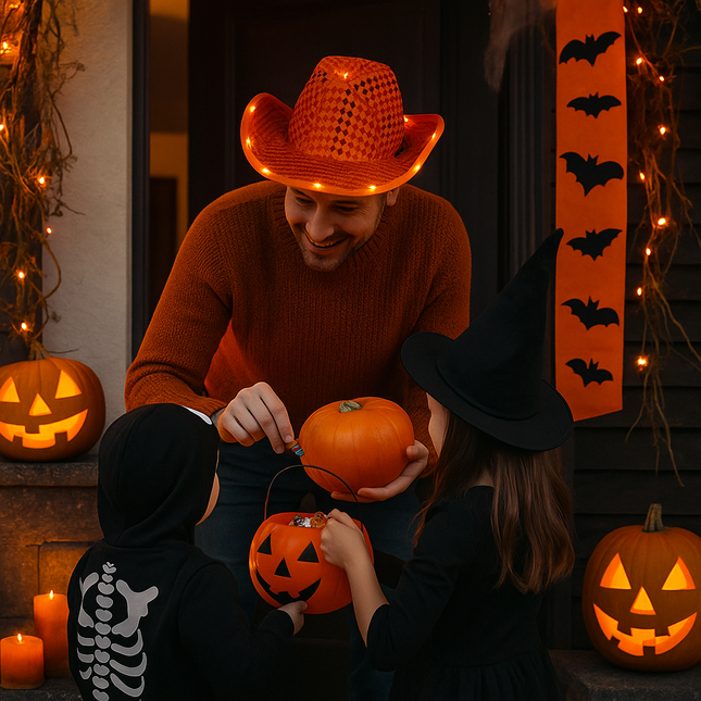 Orange LED Light up cowboy hat with sequins for Halloween celebration 