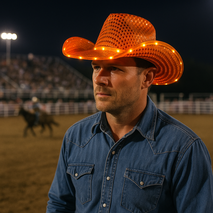 Orange light up cowboy hat for rodeos