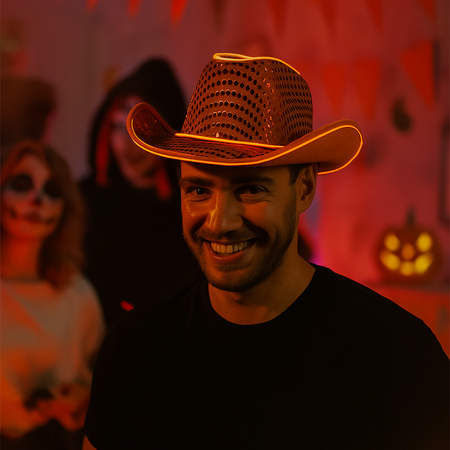 LED Flashing Orange EL Wire Sequin Cowboy Party Hat