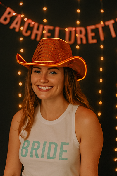 LED Flashing Orange EL Wire Sequin Cowboy Party Hat
