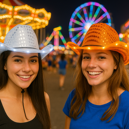 LED Light Up Flashing Sequin White & Orange Cowboy Hat - Pack of 2 Hats