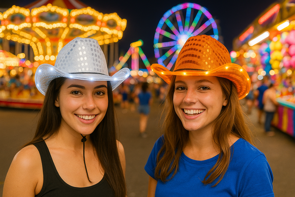 LED Light Up Flashing Sequin White & Orange Cowboy Hat - Pack of 2 Hats