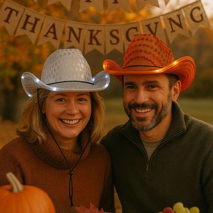 LED Light Up Flashing Sequin White & Orange Cowboy Hat - Pack of 2 Hats