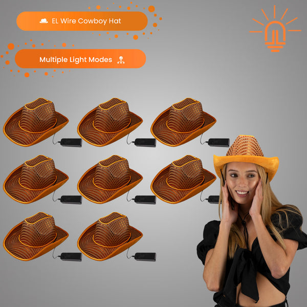 LED Flashing Orange EL Wire Sequin Cowboy Party Hats - Pack of 12