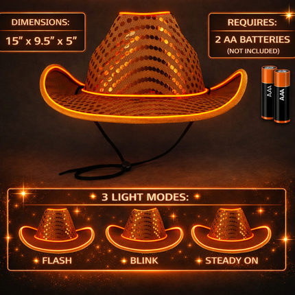 LED Flashing Orange EL Wire Sequin Cowboy Party Hat