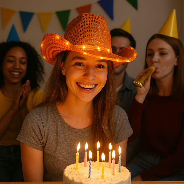 LED Light Up Flashing Orange Cowboy Hat With Sequins