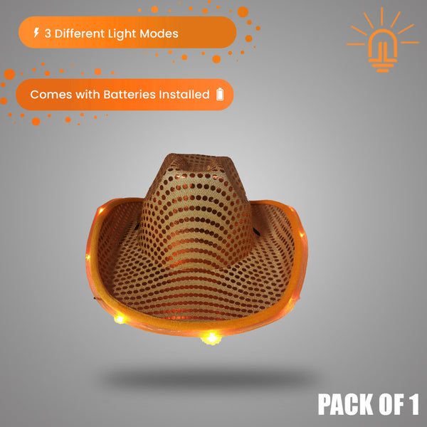LED Light Up Flashing Orange Cowboy Hat With Sequins