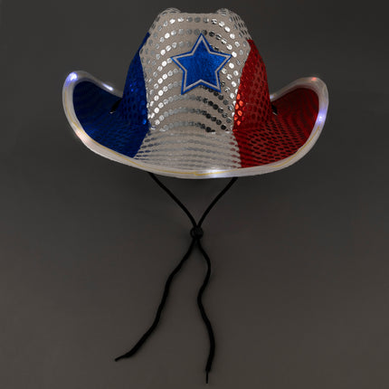 Patriotic LED Light Up Flashing Sequin Cowboy Hat - Red White & Blue Tri-Color