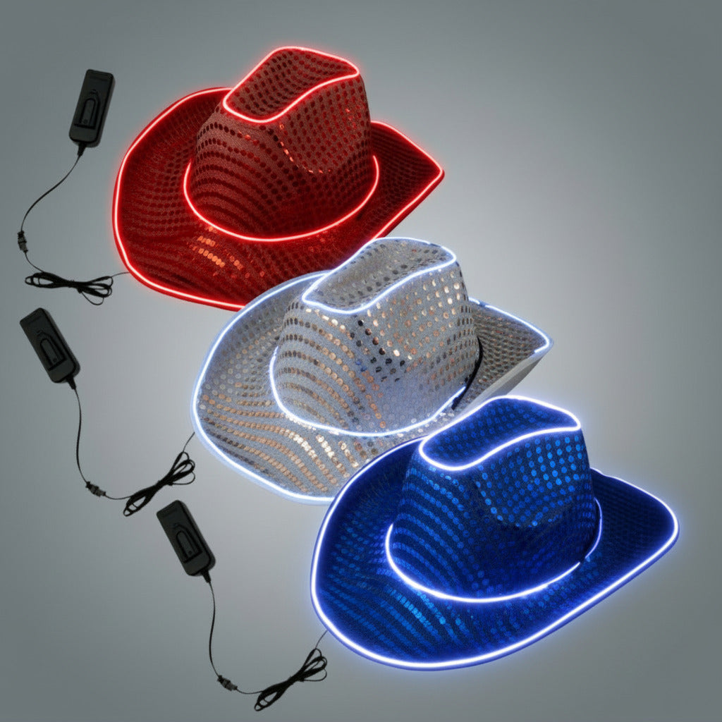 Patriotic LED Light Up Flashing EL Wire Sequin Cowboy Party Hats - Pack of 3