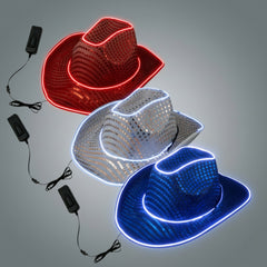 Patriotic LED Light Up Flashing EL Wire Sequin Cowboy Party Hats - Pack of 3