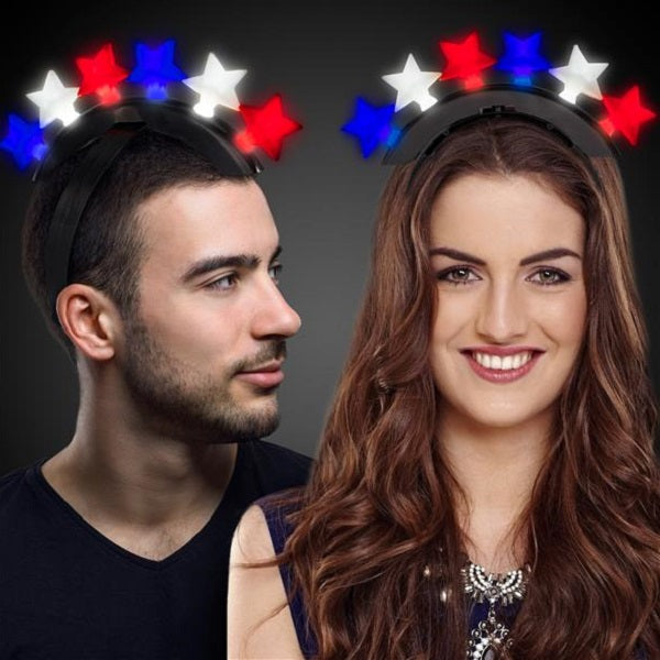 Patriotic LED Light Up Red White Blue Stars Mohawk Headband