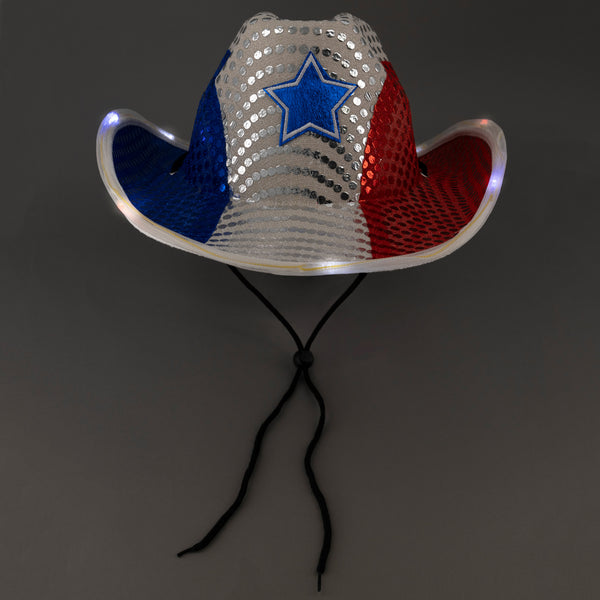 Patriotic LED Light Up Flashing Cowboy Hats With Red White Blue Sequins - Pack of 3