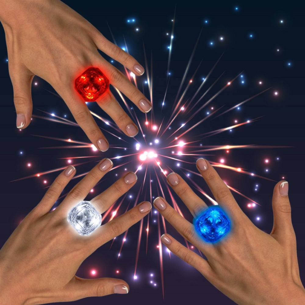 Patriotic Red White & Blue LED Light Up Flashing Supersized Diamond Rings