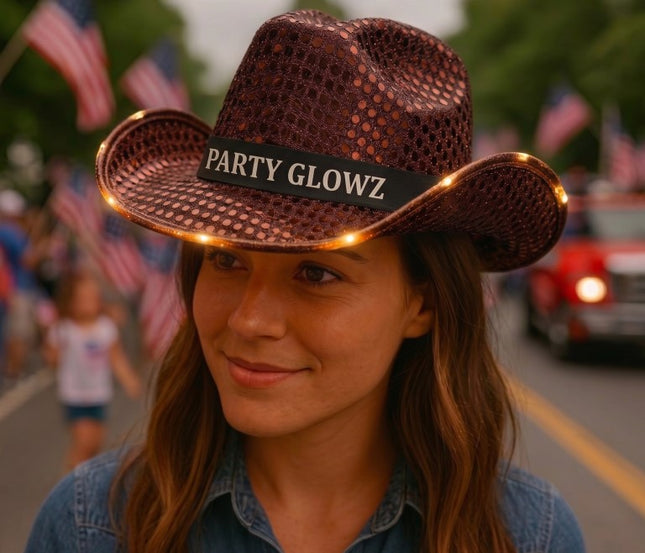 Personalized LED Light Up Flashing Brown Sequin Cowboy Hat - Pack of 20 Custom Hats