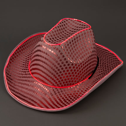 LED Flashing Glow El Wire Pink Sequin Cowboy Hat | PartyGlowz