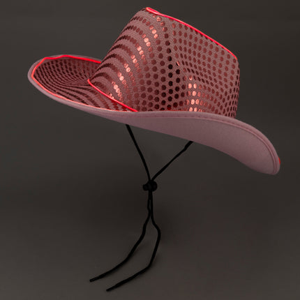 Pink LED Flashing Glow El Wire Sequin Cowboy Hat | PartyGlowz
