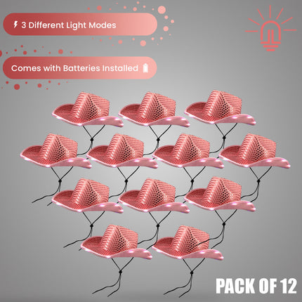 LED Light Up Flashing Sequin Pink Cowboy Hat - Pack of 12 Hats