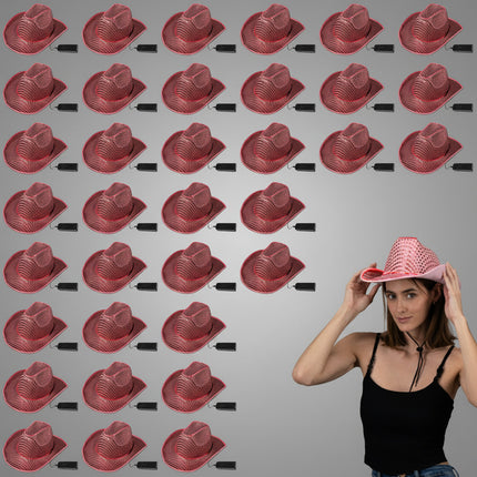 Pink LED Flashing EL Wire Sequin Cowboy Party Hat - Pack of 24 Hats