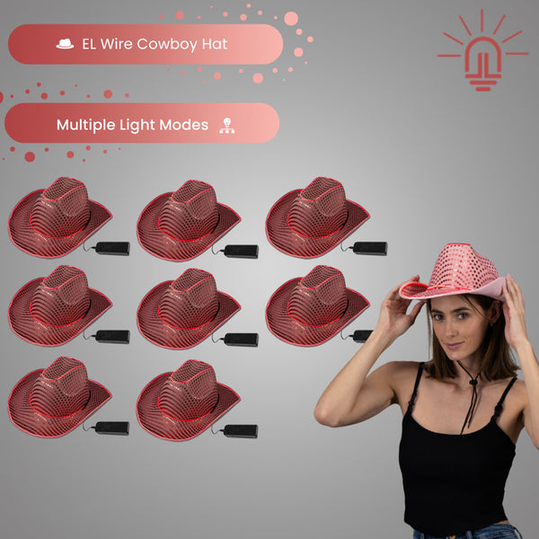 LED Flashing Pink EL Wire Sequin Cowboy Party Hat - Pack of 72 Hats