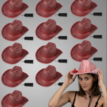 LED Flashing EL Wire Pink Sequin Cowboy Party Hat - Pack of 12 Hats