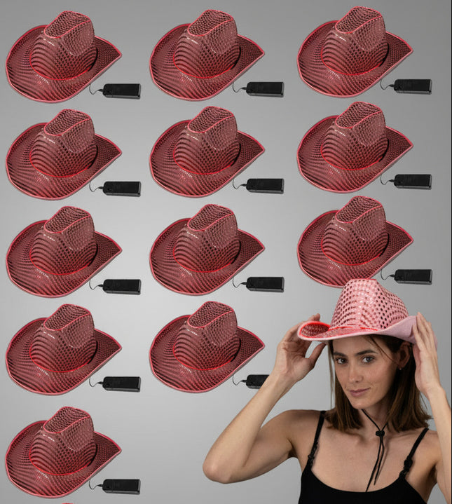 LED Flashing EL Wire Pink Sequin Cowboy Party Hat - Pack of 12 Hats