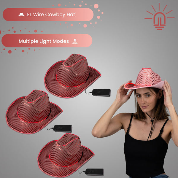 LED Flashing Neon Glow Pink EL Wire Sequin Cowboy Party Hat