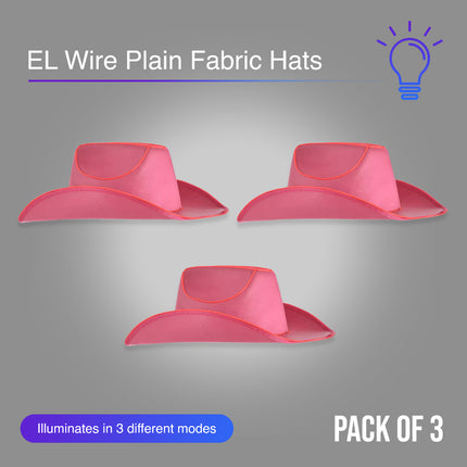 Pink EL Wire Light Up Plain Fabric Cowboy Hats - Pack of 3 | PartyGlowz
