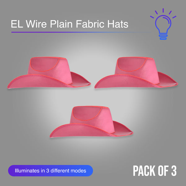 Pink EL Wire Light Up Plain Fabric Cowboy Hat - Pack of 3 Hats