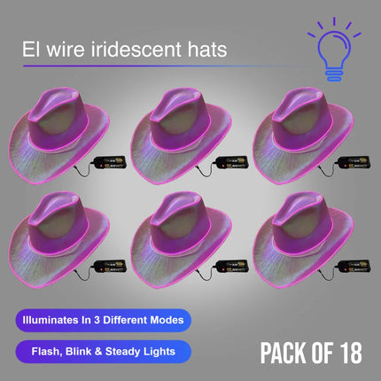 Pink EL WIRE Light Up Iridescent Space Cowboy Hat - Pack of 18 Hats