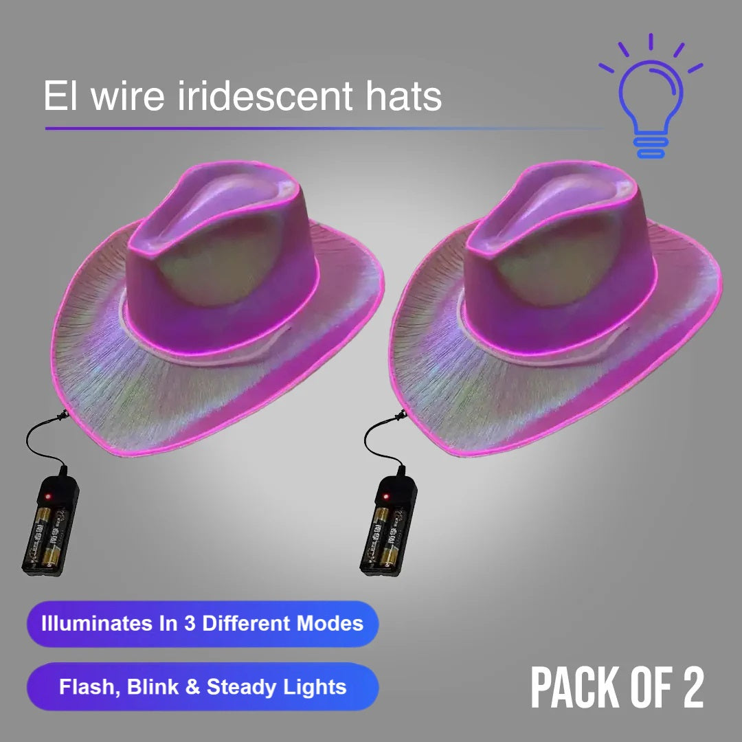 Pink EL WIRE Light Up Iridescent Space Cowboy Hat - Pack of 2 Hats