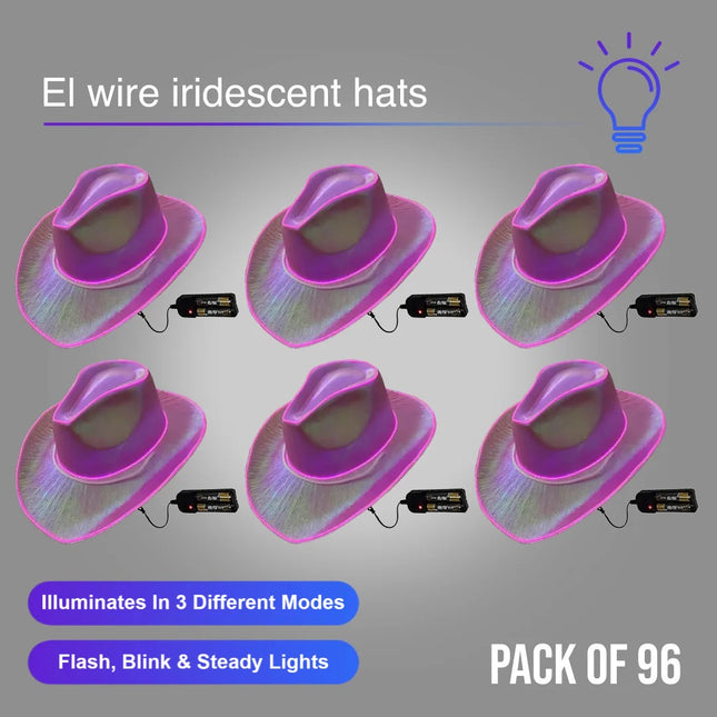 Pink EL WIRE Light Up Iridescent Space Cowboy Hat - Pack of 96 Hats