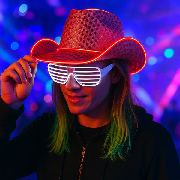 LED Flashing Glow EL Wire Pink Sequin Cowboy Party Hat