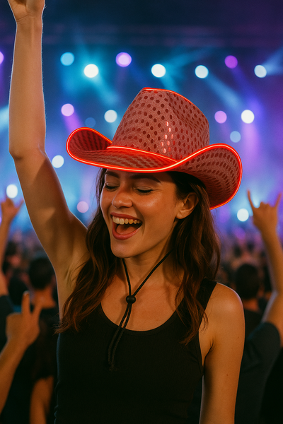 LED Flashing Glow EL Wire Pink Sequin Cowboy Party Hat