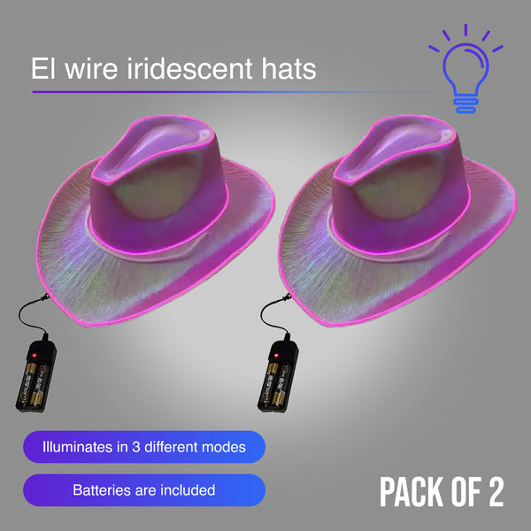 Pink EL WIRE Light Up Iridescent Space Cowboy Hat - Pack of 2 Hats