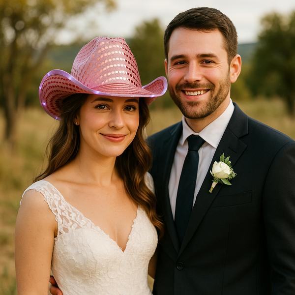 Pink cowgirl hat for wedding photoshoot