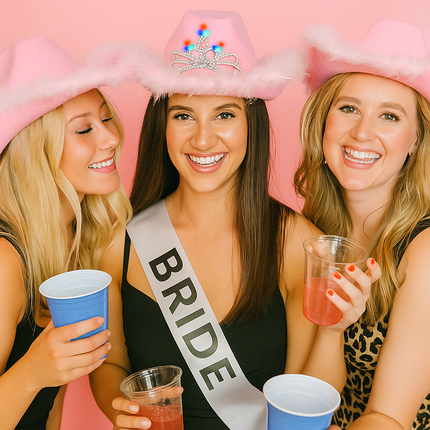 LED Light Up Pink Feather Cowboy Hat With Tiara