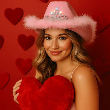 LED Light Up Pink Feather Cowboy Hat With Tiara