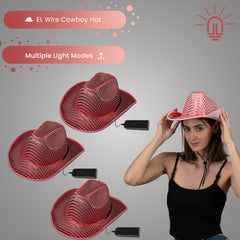 LED Flashing EL Wire Pink Sequin Cowboy Party Hat - Pack of 3 Hats