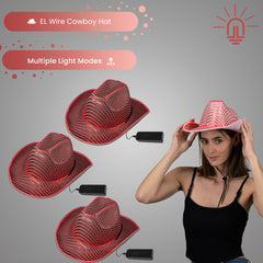 LED Flashing Pink EL Wire Sequin Cowboy Party Hat - Pack of 3 Hats