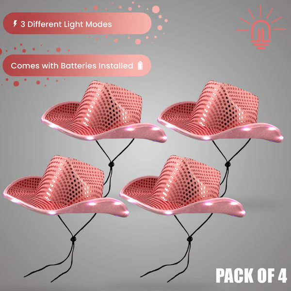 LED Light Up Flashing Sequin Pink Cowboy Hat - Pack of 4 Hats