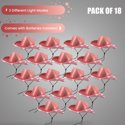LED Light Up Flashing Sequin Pink Cowboy Hat - Pack of 18 Hats
