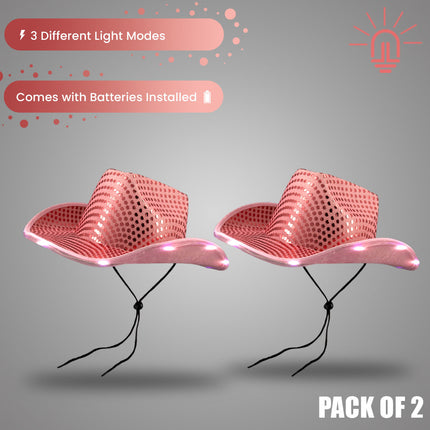 LED Light Up Flashing Pink Cowboy Hat With Sequins - Pack of 2 Hats